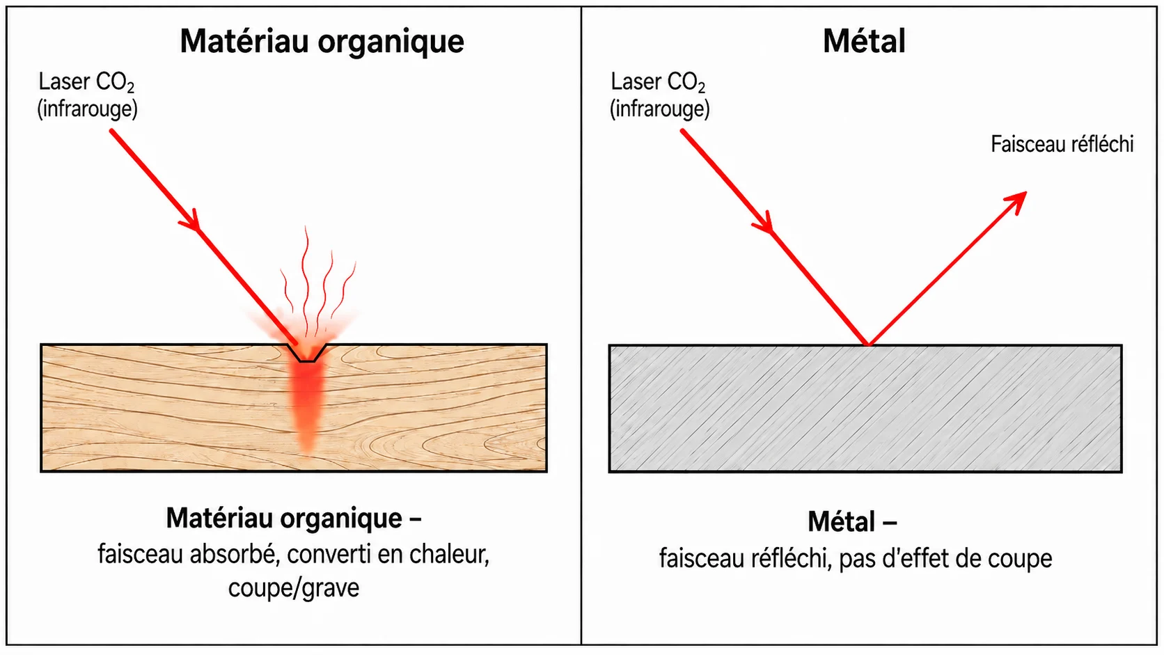Sch&eacute;ma comparant l'absorption du faisceau laser CO2 par les mat&eacute;riaux organiques et sa r&eacute;flexion sur les surfaces m&eacute;talliques